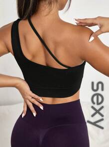 斜肩运动胸罩健身女士内衣胸罩运动性感运动胸罩跑步健身服女士运动聚拢胸罩 - 黑色 - 查看 2
