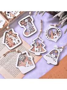 3PCS Farmhouse Drewniane ozdoby świąteczne w kształcie płatków śniegu, wiszące ozdoby choinkowe, drewniane ozdoby decoupage DIY Craft w kształcie płatków śniegu, rustykalne ozdoby reniferowe, zimowe dekoracje świąteczne w krainie czarów ze sznurkiem, Halloween, dekoracja na Halloween