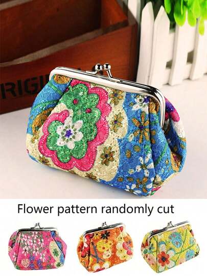 Vintage Floral Pattern Coin Purse, Random Floral Pattern Fashion Kissing Lock Pouch For Women To Hold Lipstick And Keys, Embroidered Fabric Cosmetic Bag, Retro Makeup Organizer Bag With Kissing Lock (Blue)