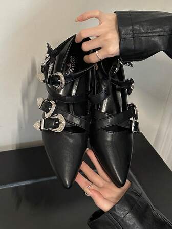 2024 Spring/Summer/Autumn French Chic Goth Women High Heel Pumps Crossover Buckle Strap Mary Jane Punk Platform Pointed Toe Shoes,Elegant,Ballet Shoes,Party