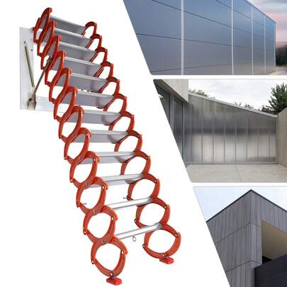 OUKANING 12 Steps Attic Ladder Folding Loft Ladder Wall Mounted Pull Down Attic Stairs 12 Pedals Attic Ladder Telescopic Ladder,Wall-Mounted Folding Stairs For Attic, Retractable Attic Ladder With Armrests,11.5ft Vertial Height (Orange)