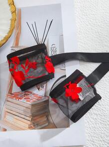 Women's Sexy Floral Flocked & Mesh Bodysuits - Black - View 6