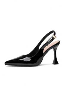 Zapatos de tacón alto con puntera puntiaguda de cuero patentado burdeos con hebilla de metal, de moda y elegantes - Negro - Ver 7