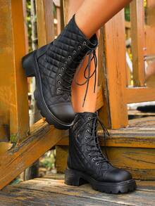 Giày bốt đi xe máy buộc dây kẻ sọc thời trang nữ Giày bốt cao cổ ngắn đế dày Giày cao su mũi tròn màu đen Giày bốt mùa đông thoải mái - màu đen - Xem 8