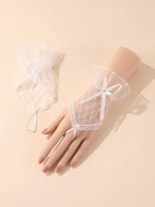1 双白色优雅短款无指手套，适合女士夜间外出、歌剧、婚礼万圣节 - 白色 - 查看 1