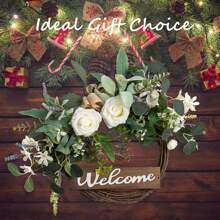 Guirnalda de puerta delantera OMERAI con eucalipto artificial de bienvenida, guirnalda de Navidad de 24 pulgadas, guirnaldas de Halloween para puerta delantera, guirnalda de otoño para decoración de fiesta de Navidad, guirnaldas de bienvenida para todas las estaciones