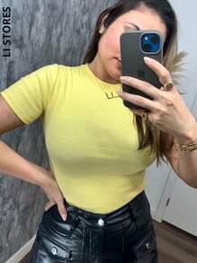 Women's Bodysuit Elegant Minimalist Bory Gray Basic Short Sleeve Thick Fabric Hollowed-Out Closed Neckline Plain Launch 2024 - 黃色 - 查看 2