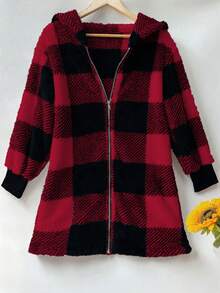 European & American Style Plush Women Jacket, New Long Sleeve Plaid Hooded Zipper Pocket Loose Coat - Red - View 2