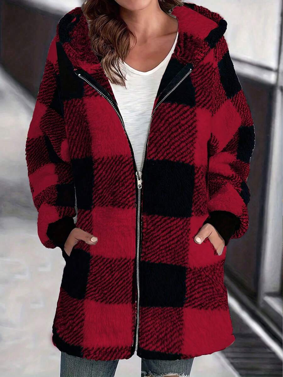 European & American Style Plush Women Jacket, New Long Sleeve Plaid Hooded Zipper Pocket Loose Coat - Red - View 1