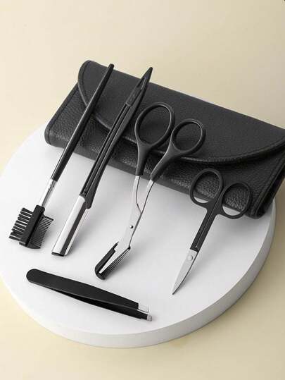 1/5件套黑色修眉套装，包含美容剪、镊子、眉剪、眉刀、眉刷，便携式美妆工具套装，适合旅行和居家使用，可用于化妆、家居装饰、梳妆台、旅行、卧室、化妆配件、圣诞礼物、化妆品、化妆工具、便宜好物、礼物、女士礼物、圣诞礼物