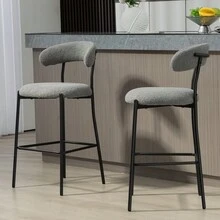 26'' Counter Height Bar Stools Teddy Fabric Cover Kitchen Island Counter Bar Stool With Black Powder Coating Base And Footrest(Grey) - 灰色 - 查看 10