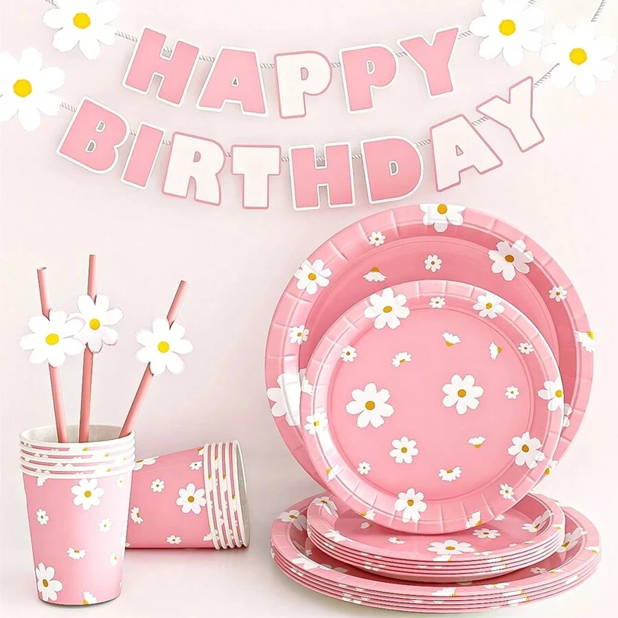 81 件雏菊主题一次性餐具套装，粉色雏菊餐巾，生日派对装饰，新娘送礼会和婚礼餐饮用品，圣诞节 - 粉色 - 查看 1