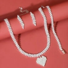 4pcs/set Full Diamond Circle Chain Necklace & Chain Bracelet & Drop Earrings For Women Wedding Bridal Jewelry - Silver - View 19
