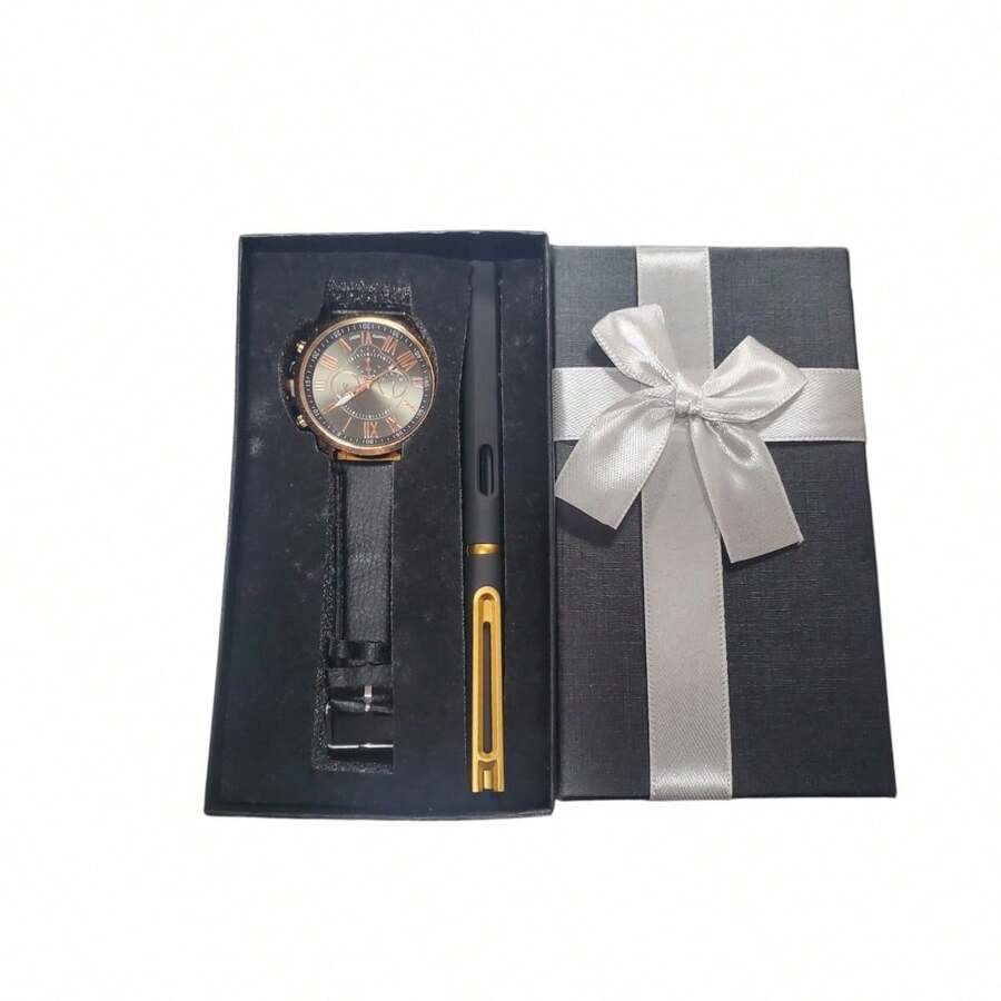 Estuche de pluma punta fina con reloj organizador elegante escolar oficina papelería regalo creatividad escritura puntual diseño funcional resistente moderno para estudiantes profesionales - Negro - Ver 1