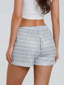 Womens Plaid Print Shorts Elastic Low Waist Button Front Lounge Shorts Boxers Streetwear - Gris Oscuro - Ver 5