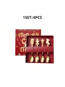 4 件套不锈钢圣诞主题迷你勺子套装 - 圣诞节假期图案勺子，适用于咖啡、纸杯蛋糕和甜点，配有精美礼品盒，非常适合圣诞节 - 彩色 - 查看 10