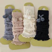 2/4 Pcs Women Furry Ball Decor Black & White Cute Versatile Leg/Foot Warmers, Thickened Long Leg Warmers For Spring/Autumn/Winter