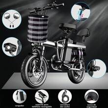 NINOTO Bicicleta Eléctrica Plegable14 Pulgadas 45km/h Con Led Autonomía 60km Real Color Negro Ligera Espalda 7 Armortiguado - Negro - Ver 2
