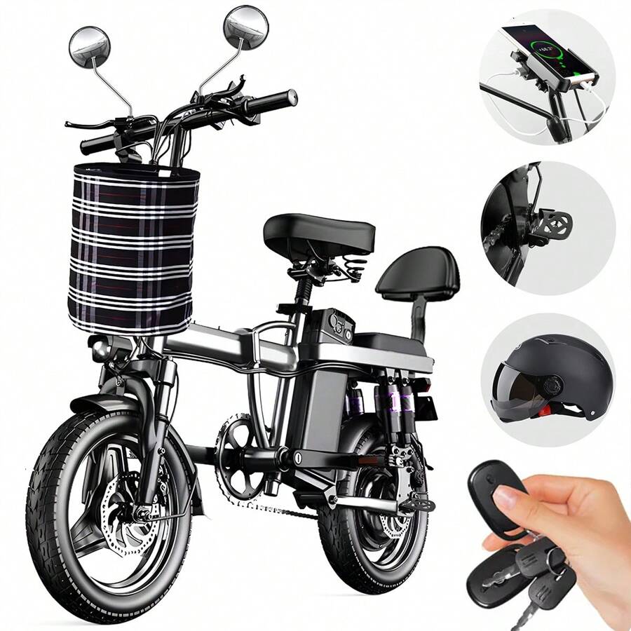 NINOTO Bicicleta Eléctrica Plegable14 Pulgadas 45km/h Con Led Autonomía 60km Real Color Negro Ligera Espalda 7 Armortiguado - Negro - Ver 1