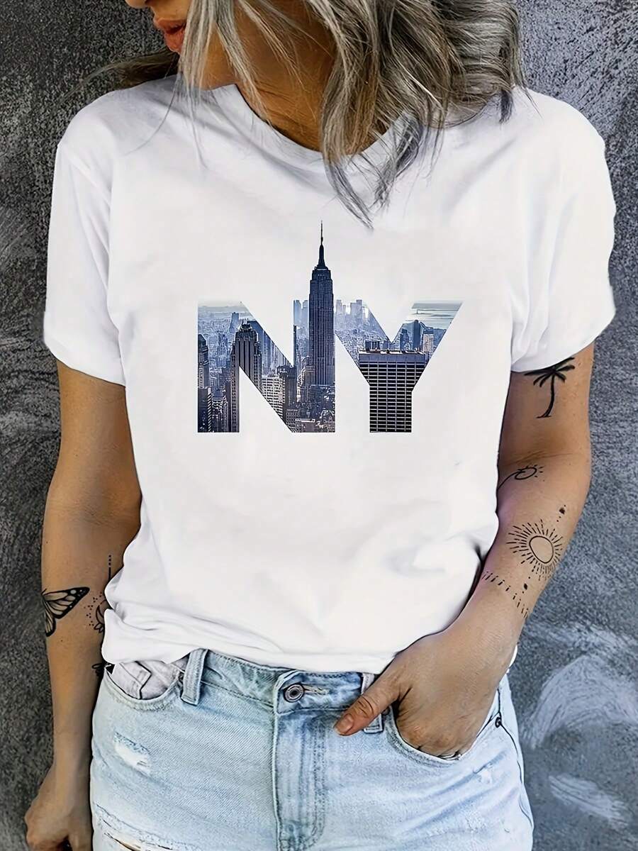 Fashionable NY Print T-Shirt - Casual Short Sleeve Crew Neck Top - Lightweight & Breathable For Spring & Summer Wardrobe - White - View 1