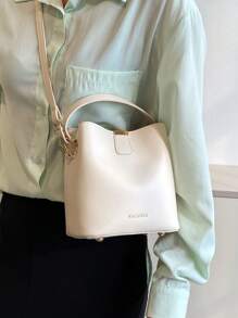 Fashionable Mini Litchi Grain Solid Color Elegant Casual Tote Shoulder Bucket Bag - Beige - View 6