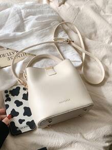 Fashionable Mini Litchi Grain Solid Color Elegant Casual Tote Shoulder Bucket Bag - Beige - View 3