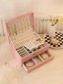 1pc Multifunctional Plaid Princess Cosmetic & Jewelry Box With Lock, Drawer, And Leather Surface For Storing Bracelets, Earrings, Necklaces And Other Accessories Back To School, Room Decor - One Size - View 20