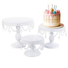 3Pcs Antique Cake Stand Set - Round Metal Cupcake Stands With Pendants And Beads - Elegant Dessert Display, For For Wedding, Birthday Party Decor, Gold/Champagne/Cream White