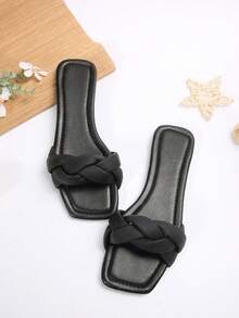 女士平底一脚蹬凉鞋，时尚沙滩拖鞋，带趾带，适合夏季，高端款式 - 黑色 - 查看 3