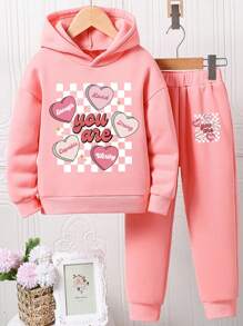 Tween Girls Letter Printed Hooded Sweatshirt And Sweatpants Set - Pink - View 1