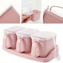 1 套 3 格香料罐，带盖子、勺子和托盘，防漏可重复使用的盐、糖和胡椒调味容器，厨房整理和储存，厨具