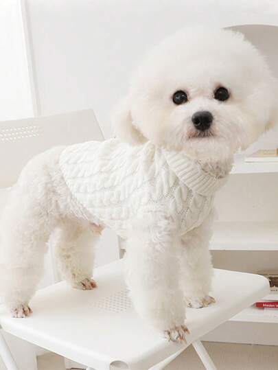 1pc Knitted Cable Sweater For Pets, Solid Color, Keep Warm In Winter