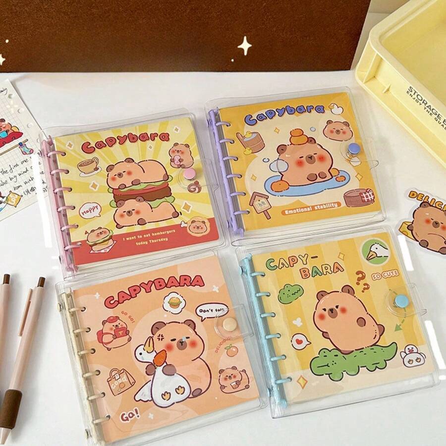 1pc Kawaii Carpincho Loose-Leaf Notebook, Cute Square Notepad, Cartoon Capybara Thickened Student Journal, Random Color Ring Binder - Multicolor - View 1