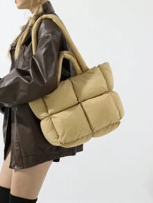 1 件卡其色尼龙休闲简约绗缝加厚大容量防水拉链手提包，适合秋冬季、青少年、大学生、通勤、购物、旅行、礼物 - 卡其色 - 查看 6