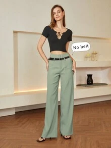 Women Solid Color High Waist Elegant Pants With Ring Detail - Mint Green - View 3