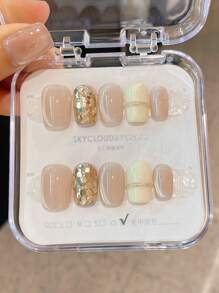 10 件/套手工短款按压指甲，夏季假指甲美甲用品，适合女孩的沙滩美甲短指甲，时尚短方形和椭圆形指甲片，可重复使用，适合教师、学生、办公室、旅行、优雅商务休闲