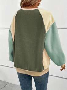 大码女式圆领落肩长袖休闲宽松拼色运动衫，秋冬 - 綠色 - 查看 4