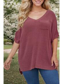 Ladies' Fashionable And Versatile Knitted Short Sleeved T-Shirt, Spring And Summer New Solid Color Loose V-Neck Pullover - Ferruginous Red - View 2