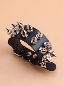 1pc Minimalist Double Row Spike Punk Style PU Leather Bracelet - Black - View 1