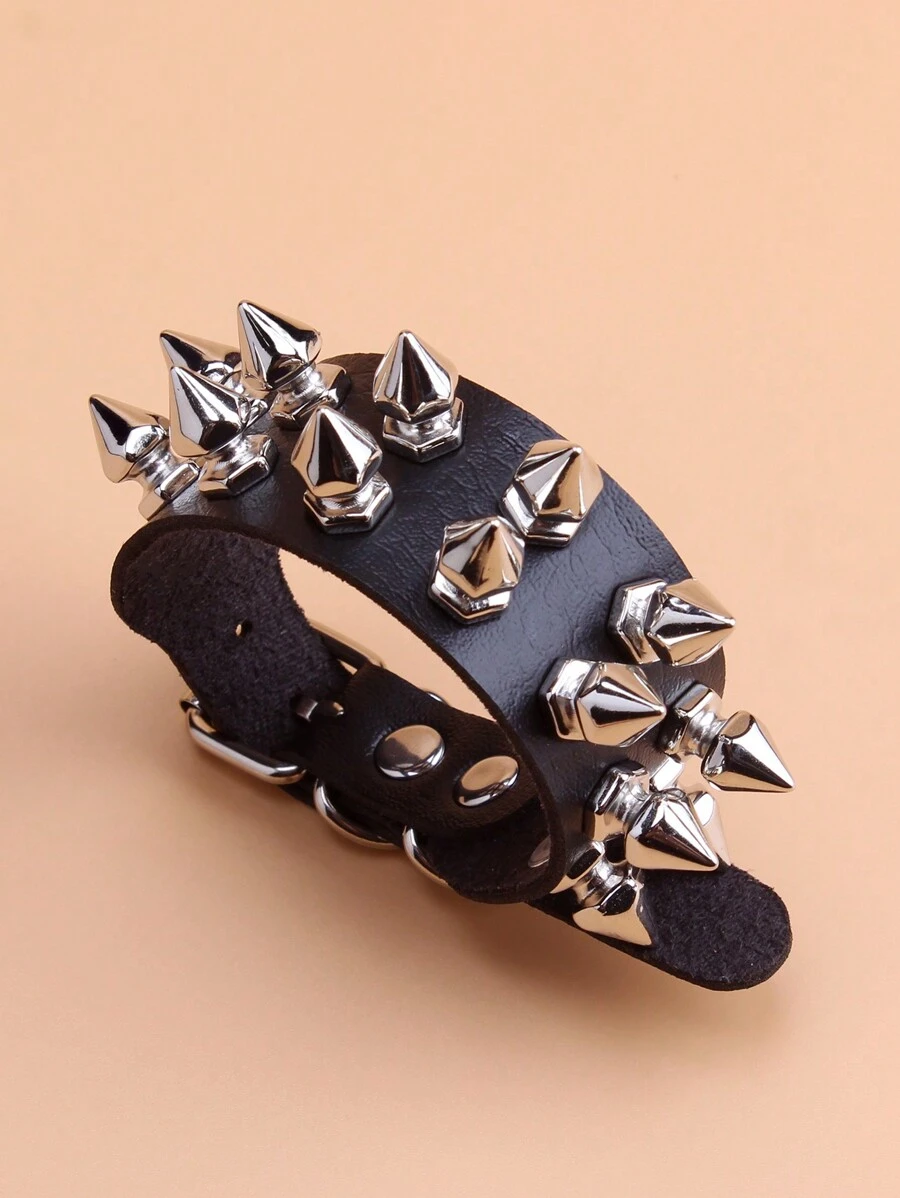 1pc Minimalist Double Row Spike Punk Style PU Leather Bracelet - Black - View 1