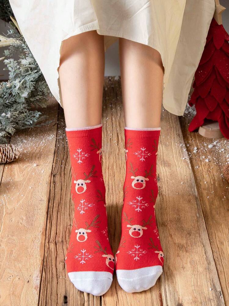 1 双女士红鹿图案中筒袜，适合圣诞节 - 白色 - 查看 1