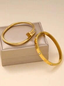 2 件套奢华不锈钢四叶草袖口手链套装，适合女士日常佩戴，可作为情人节、妈妈、母亲、母亲节、礼物 - 金黃色 - 查看 5