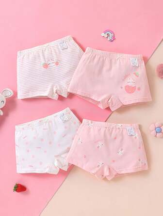 4 件装女童可爱兔子卡通条纹圆点印花三角裤，适合所有季节