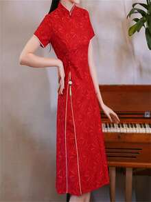 Váy cưới cô dâu sườn xám phong cách Trung Hoa mới cải tiến, váy ngắn đính hôn màu đỏ cho người nhỏ nhắn - Đỏ - Xem 3