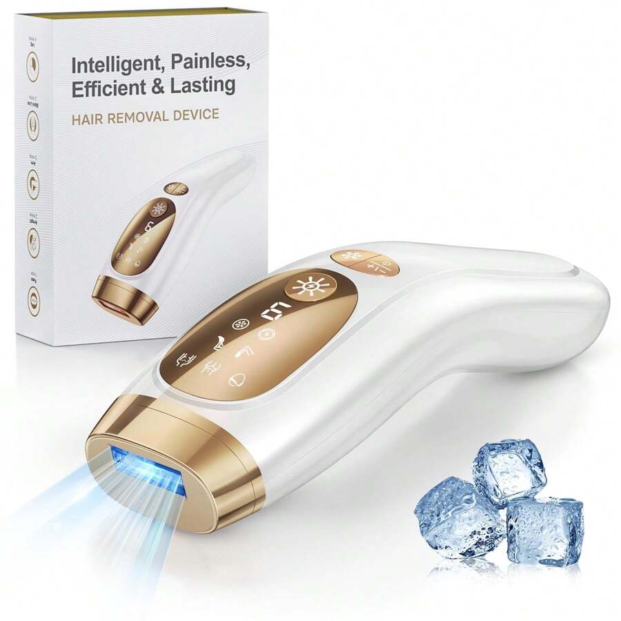 The IPL Laser Hair Removal Device In Champagne Gold Features Adjustable Ice Cooling, A Maximum Energy Of 18J, Automatic And Manual Modes, 999,900 Flashes, 9 Intensity Levels, Painless And Long-Lasting Hair Removal With Visible Results Within 4 Weeks. Suitable For Body And Face Use, Portable For Home And Travel, And Makes A Great Holiday Gift Such As For New Year's, Christmas, And Thanksgiving. - Xem 1