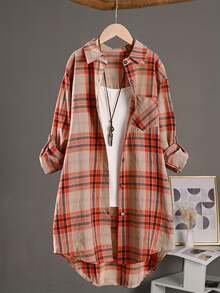 Áo sơ mi nữ tay lỡ cổ điển kẻ caro bỏ túi, dáng dài vừa phải, thường ngày cho mùa thu - Đỏ - Xem 1