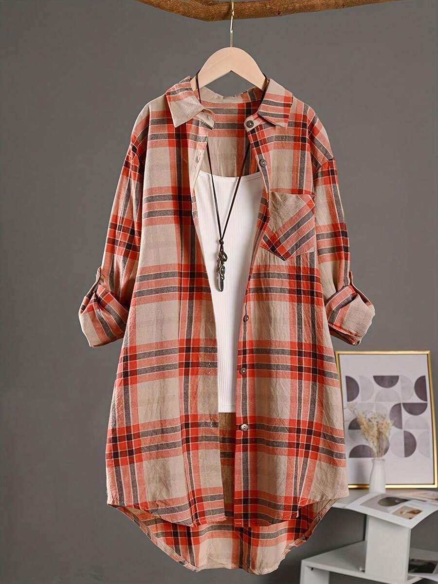 Áo sơ mi nữ tay lỡ cổ điển kẻ caro bỏ túi, dáng dài vừa phải, thường ngày cho mùa thu - Đỏ - Xem 1