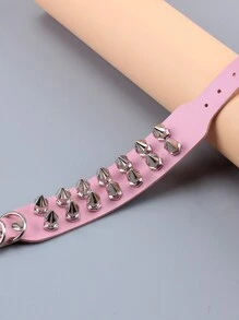 1pc Minimalist Double Row Spike Studded Punk Style PU Leather Bracelet - Pink - View 4