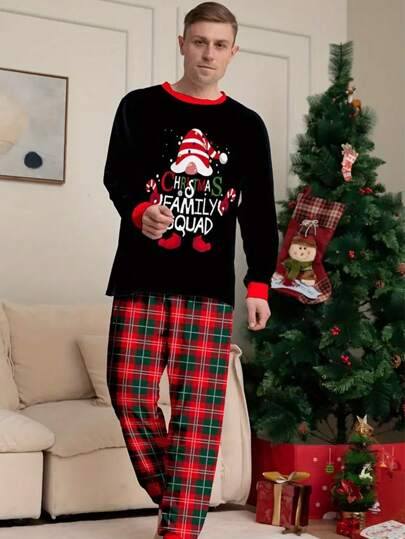 2-częściowy męski, modny, swobodny, kraciasty komplet piżamowy na Boże Narodzenie, bluzka z długim rękawem i okrągłym dekoltem, z nadrukiem "Wesołych Świąt" i porożem, luźne spodnie, odzież nocna, jesienno-zimowa