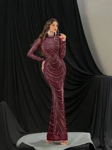 QOQ Fashionable Gorgeous Hot Drill Evening Gown Luxurious Rhinestone Formal Dress For Cocktail Party, Red Carpet Events, Galas Solid Color Long Sleeve Mermaid Hem Gowns - Red - View 8